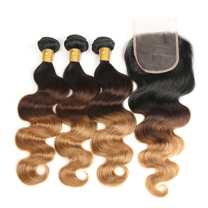 Ombre Bundles With Closure Brazilian Body Wave Human Hair 3Tone (T1b/4/27) Highlight 100% Real Human Hair Extensions