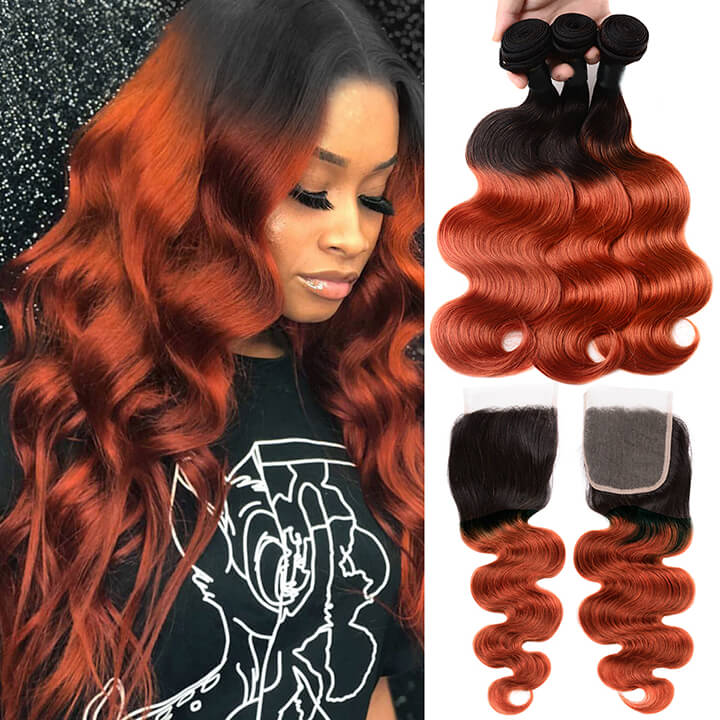 Brazilian Human Hair Body Weave 3 Bundles With Lace Closure Ombre Ginger Orange Hair Extensions(#1b/350 )