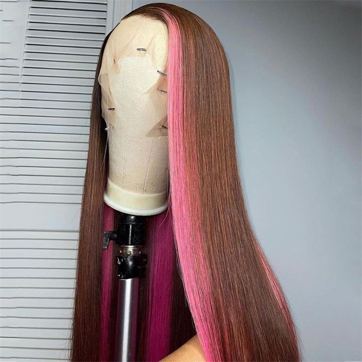 Highlights Strawberry Pink & Chocolate Skunk Stripe Colored Lace Front Wig-Amanda Hair