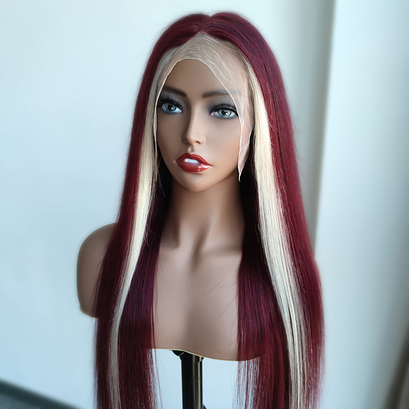 Skunk Stripe Straight 13 * 4 Lace Front Red Wine &amp; Blonde Highlight Color Peluca-Amanda Hair