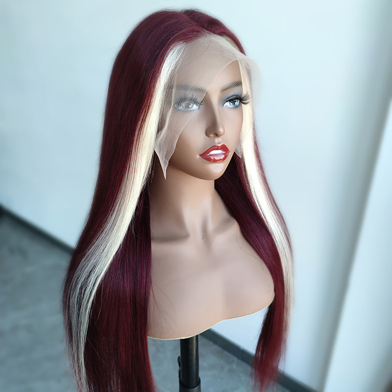 Skunk Stripe Straight 13*4 Lace Front Red Wine &amp; Blonde Highlight Color Wig-Amanda Hair