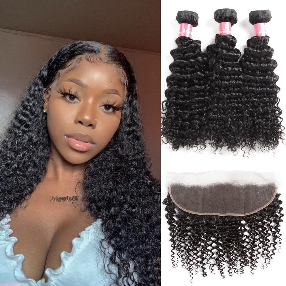 Amanda Peruvian Hair Kinky Curly 3 Bundles With 13*4 Lace Frontal 10A Grade 100% Remi Human Hair Soft Shiny Wave Hair