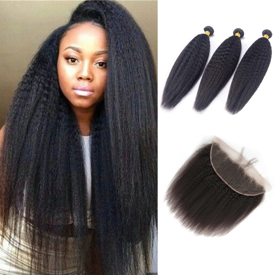 Amanda Malaysian Hair Kinky Straight 3 Bundles With 13*4 Lace Frontal 10A Grade 100% Remi Human Hair Soft Shiny Wave Hair