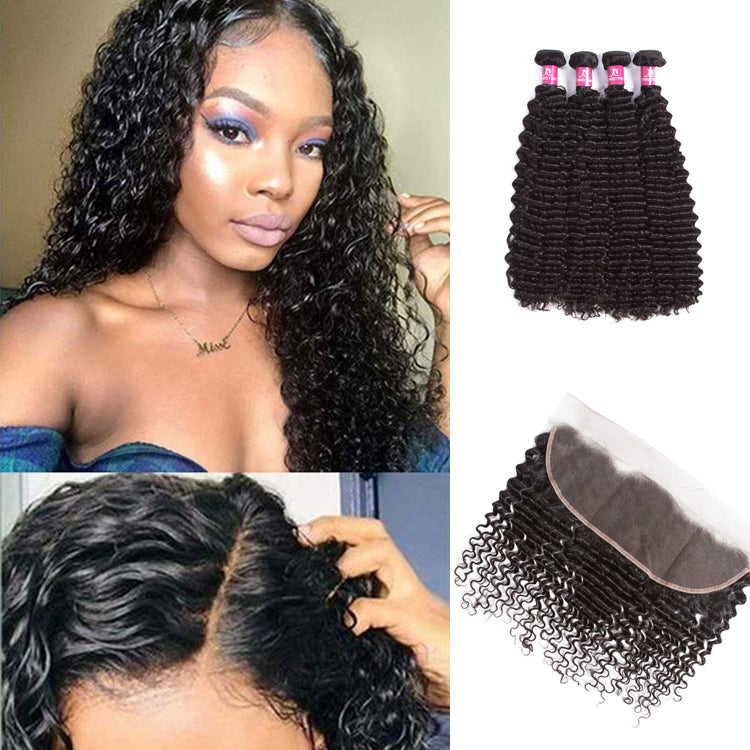 Amanda Malaysian Hair Kinky Curly 4 Bundles With 13*4 Lace Frontal 10A Grade 100% Remi Human Hair Soft Shiny Wave Hair