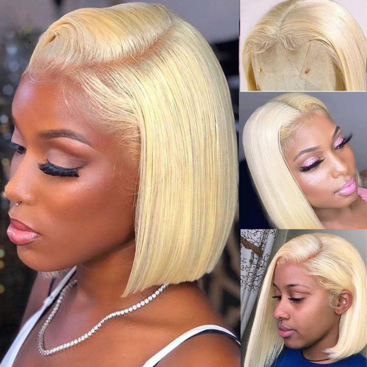 613# Blonde Brazilian Straight Short Bob Wigs 150% Density Transparent Lace Frontal Wig Pre Plucked Glueless Lace Wigs-Amanda Hair