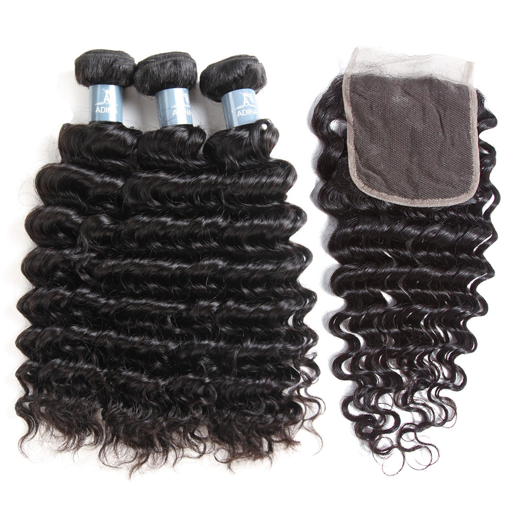 Amanda Mongolian Hair Deep Wave 3 Bundles With 4*4 Lace Closure 9A Grade 100% Unprocessed Human Hair