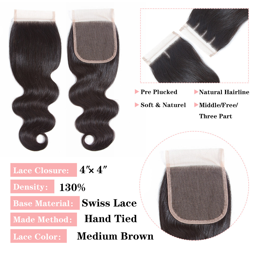 Amanda Hair Malaysian Body Wave 4 paquetes con 4 * 4 Cierre de encaje 10A Grado 100% cabello humano Remy