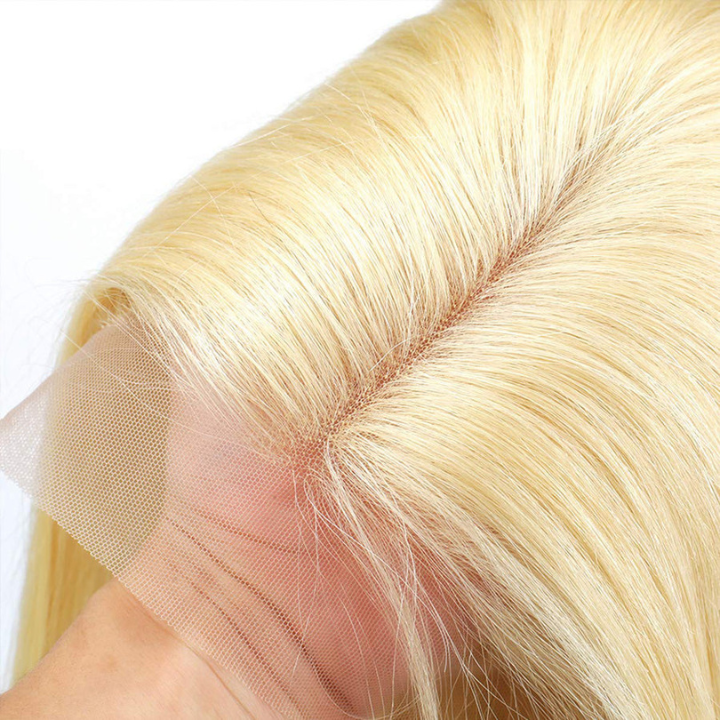 613 # Blonde Brésilienne Droite Court Bob Perruques 150% Densité Transparent Dentelle Frontale Perruque Pré Cueillie Sans Colle Dentelle Perruques-Amanda Cheveux