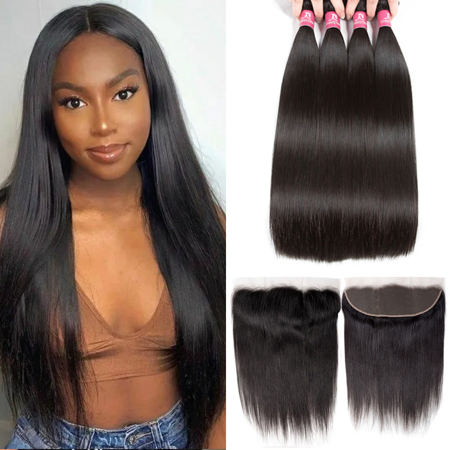 Amanda Mongolian Straight Hair 4 Bundles con 13 * 4 Lace Frontal 10A Grade 100% Remy Human Hair Soft Shiny Wave Hair 