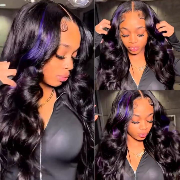 Resalte el pelo púrpura de la onda del cuerpo Pelucas del color del frente del cordón transparente Peluca frontal sin pegamento del cabello humano para las mujeres-Amanda Hair