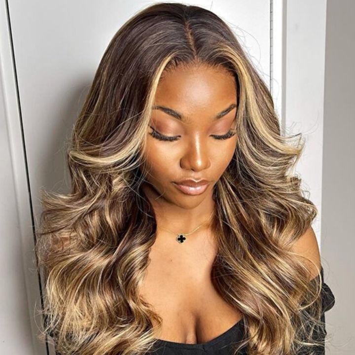 Glueless Invisiable Honey Blonde Highlight Body Wave 13x4 Lace Front Wigs Human Hair Ombre Color Wig
