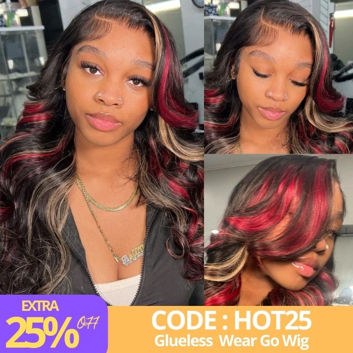 Highlight Transparent Lace Front Human Hair Wigs Body Wave Ombre Red Highlights Blonde Color 13x4/4x4 Glueless Lace Wig-Amanda Hair
