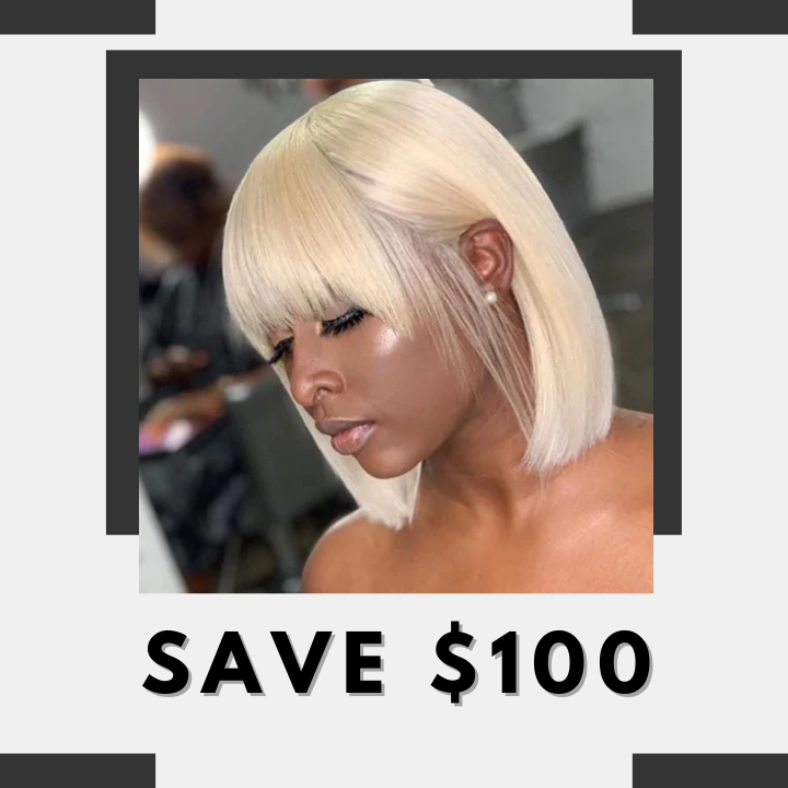 Oferta relámpago: Ahorre $100, solo 48 horas, cabello lacio Rubio Bob Peluca hecha a máquina sin pegamento con flequillo-Amanda Hair