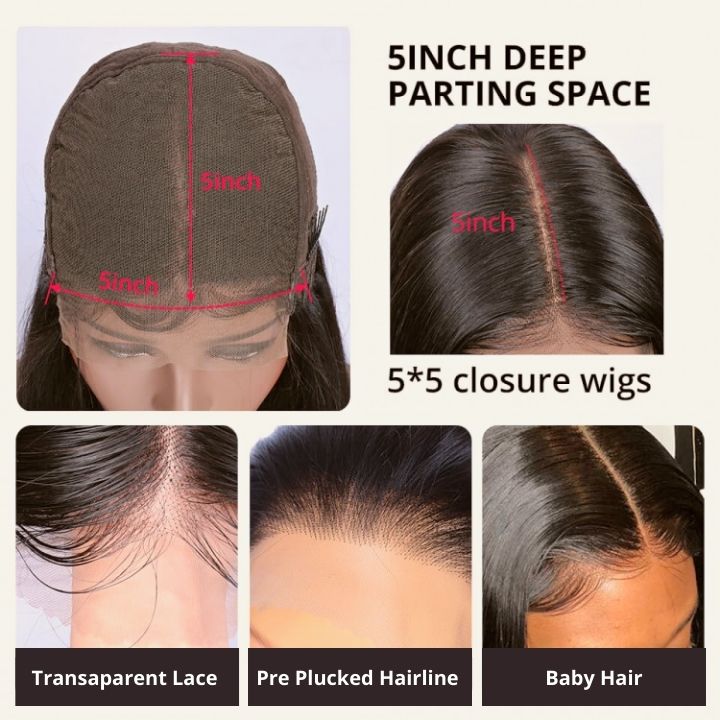 Peluca con cierre transparente de 5x5, peluca con cierre de encaje HD ondulado del cuerpo brasileño, línea de cabello prearrancada-Amanda Hair 