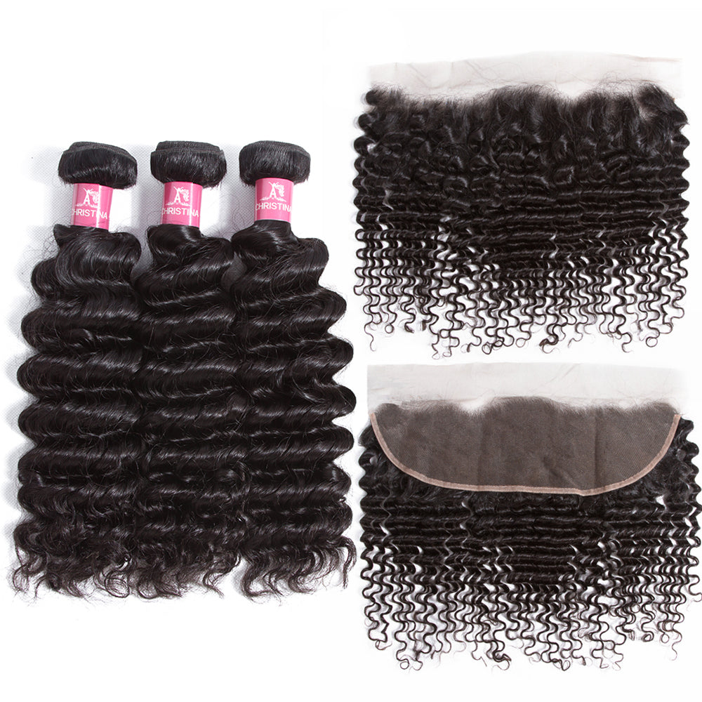 Amanda Peruvian Hair Deep Wave 3 Bundles With 13*4 Lace Frontal 10A Grade 100% Remi Human Hair Attractive Wave Hair
