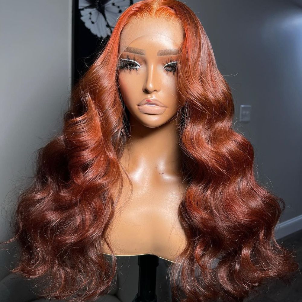 Vente Flash Extra 50% de réduction sur £ ¬ Code £ º HALF50, Money Piece Highlight Orange clair Transparent Lace Front Perruques de cheveux humains Body Wave 13x4 / 4x4 Lace Color Wig-Amanda Hair