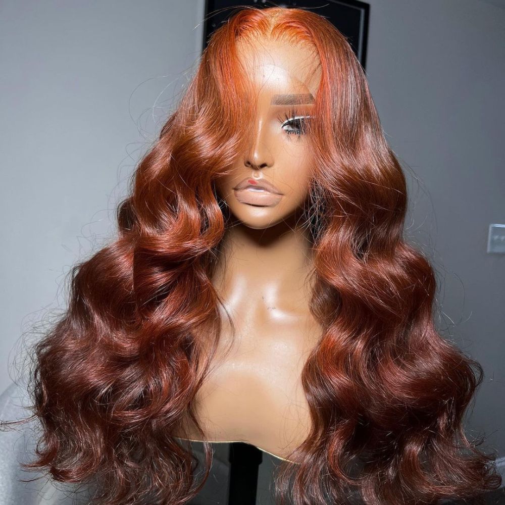 Vente Flash Extra 50% de réduction sur £ ¬ Code £ º HALF50, Money Piece Highlight Orange clair Transparent Lace Front Perruques de cheveux humains Body Wave 13x4 / 4x4 Lace Color Wig-Amanda Hair
