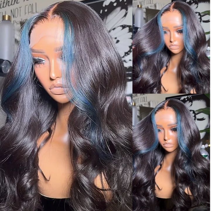 Highlight Money Piece Light Blue Transparent Lace Front Human Hair Wigs Body Wave 13x4/4x4 Lace Color Wig-Amanda Hair