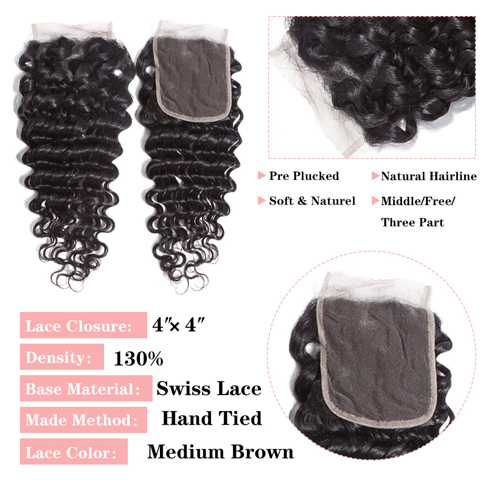 Amanda Peruvian Hair Deep Wave 4 Bundles With 4*4 Lace Closure 10A Grade 100% Remi Human Hair