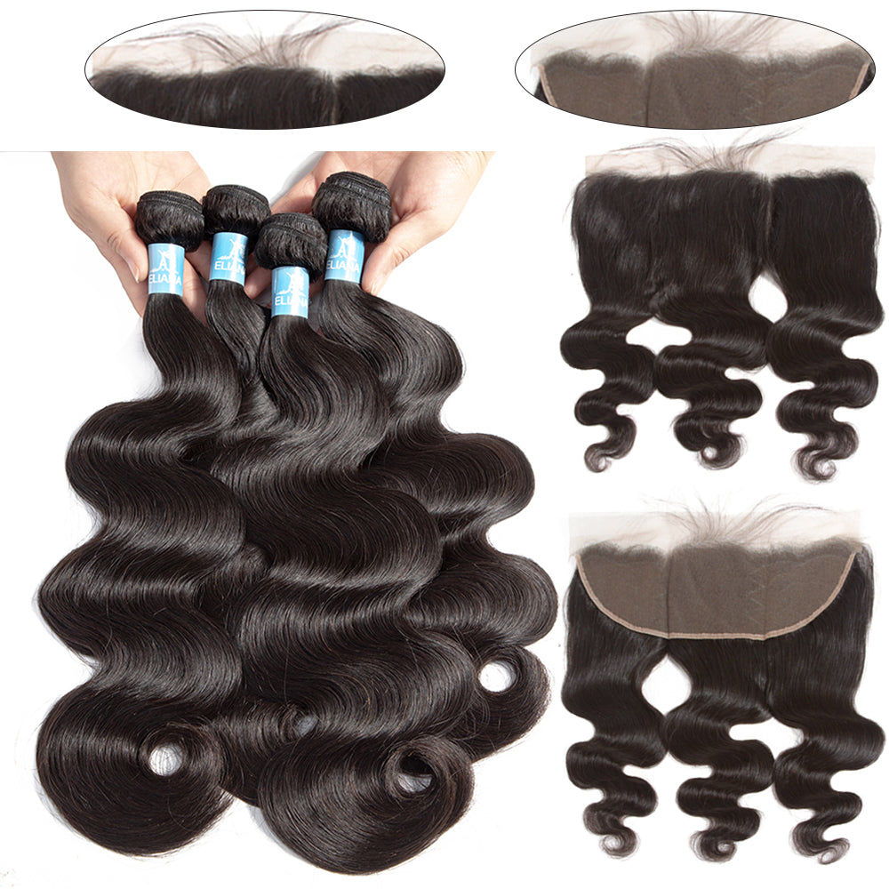 Amanda Hair Peruvian Body Wave 4 paquetes con 13 * 4 Frontal de encaje 9A Grado 100% Cabello humano sin procesar 