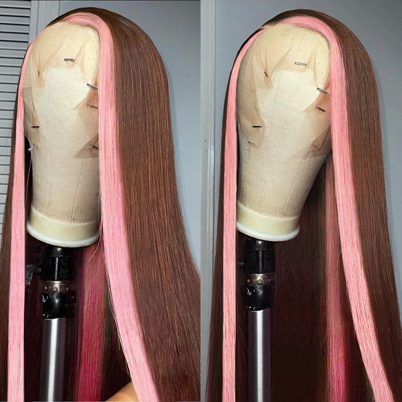 Faits saillants Strawberry Pink &amp; Chocolate Skunk Stripe Colored Lace Front Wig-Amanda Hair