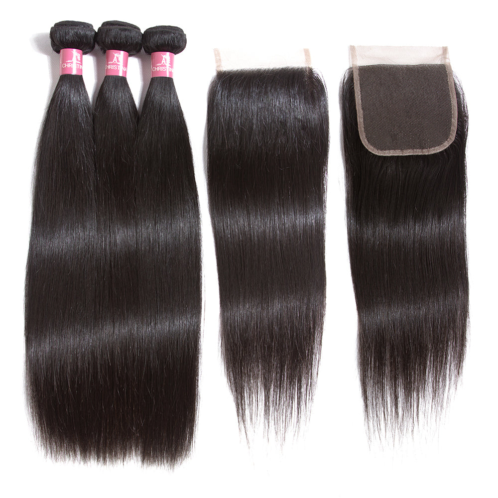 Amanda Indian Straight Hair 3 Bundles With 4*4 Lace Closure 10A Grade 100% Remy Human Hair