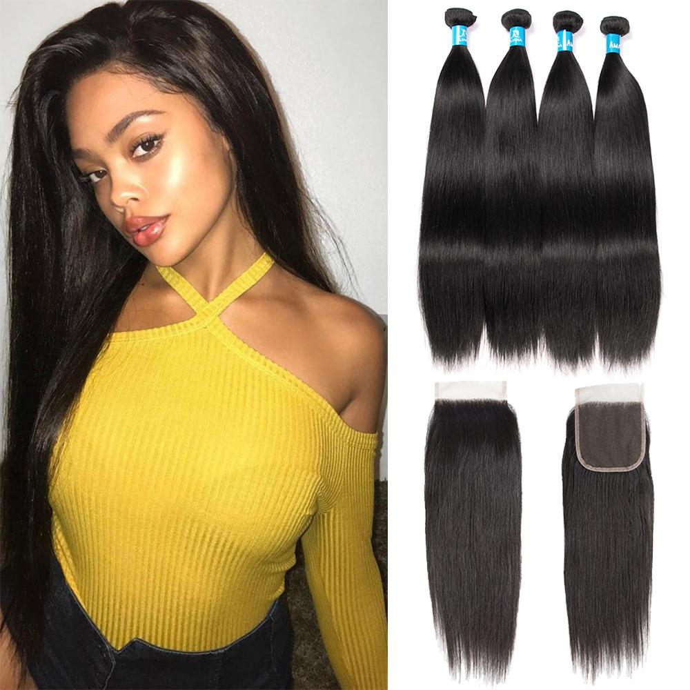 Brazilian Straight Hair 4 Bundles With 4*4 Lace Closure 9A Grade 100% Unprocessed Human Hair Hot Item - Amanda Hair