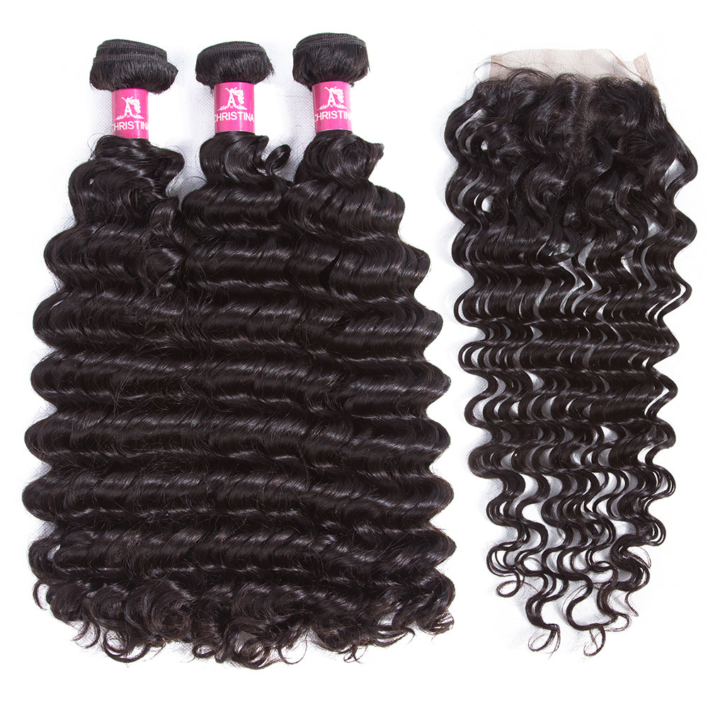 Amanda Indian Hair Deep Wave 3 Bundles With 4*4 Lace Closure 10A Grade 100% Remi Human Hair Hot Sell Wave Bundles Hair Extensions
