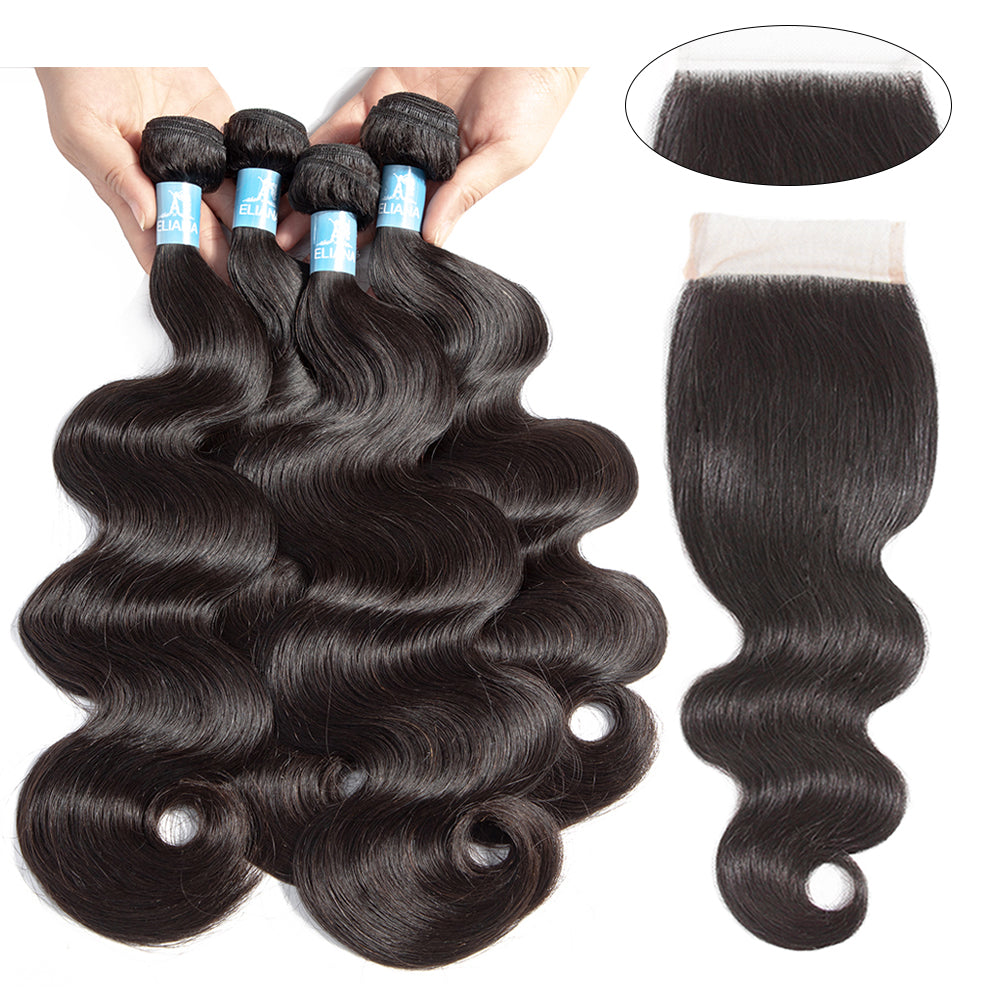 Amanda Hair Peruvian Body Wave 4 paquetes con 4 * 4 Cierre de encaje 9A Grado 100% Cabello humano sin procesar 