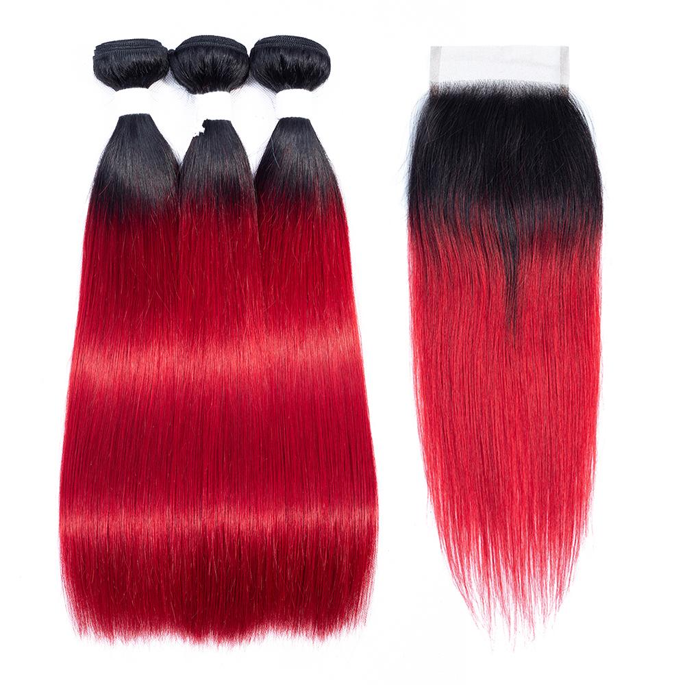 Amanda Ombre Colored Bundles With Closure T1B/Red Silk Straight 100% Human Hair