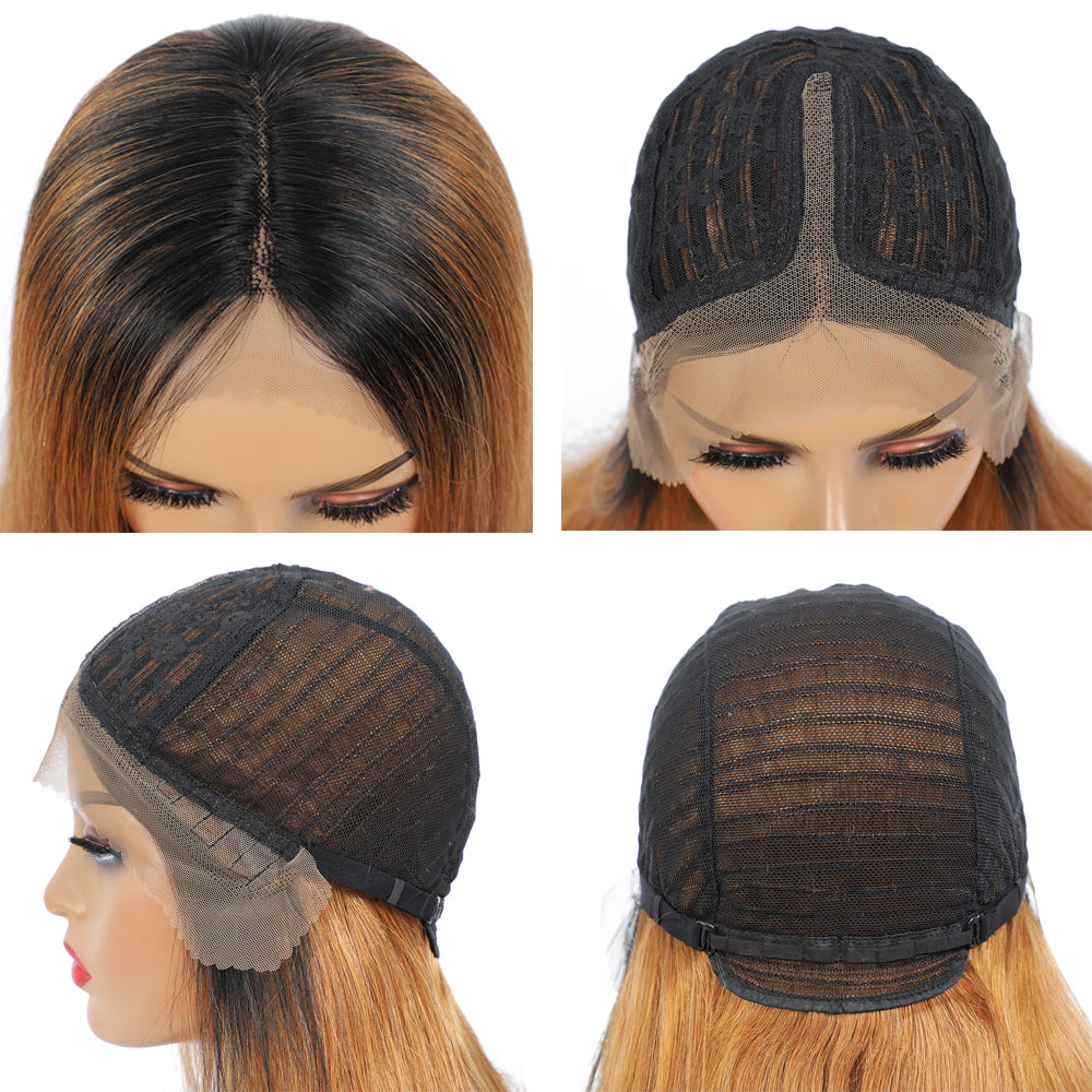 Straight Hair Ombre Honey Blond Color T Part Lace Frontal Highlights Wig-Amanda Hair