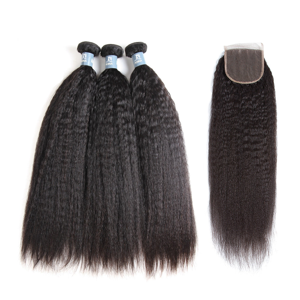 Amanda Mongolian Hair Kinky Straight 4 paquetes con 4 * 4 Cierre de encaje 9A Grado 100% Cabello humano sin procesar Artículo caliente