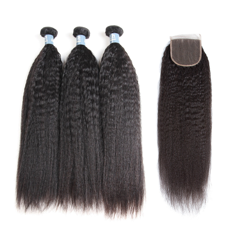 Amanda Malaysian Hair Kinky Straight 3 paquetes con 4 * 4 Cierre de encaje 9A Grado 100% Cabello humano sin procesar