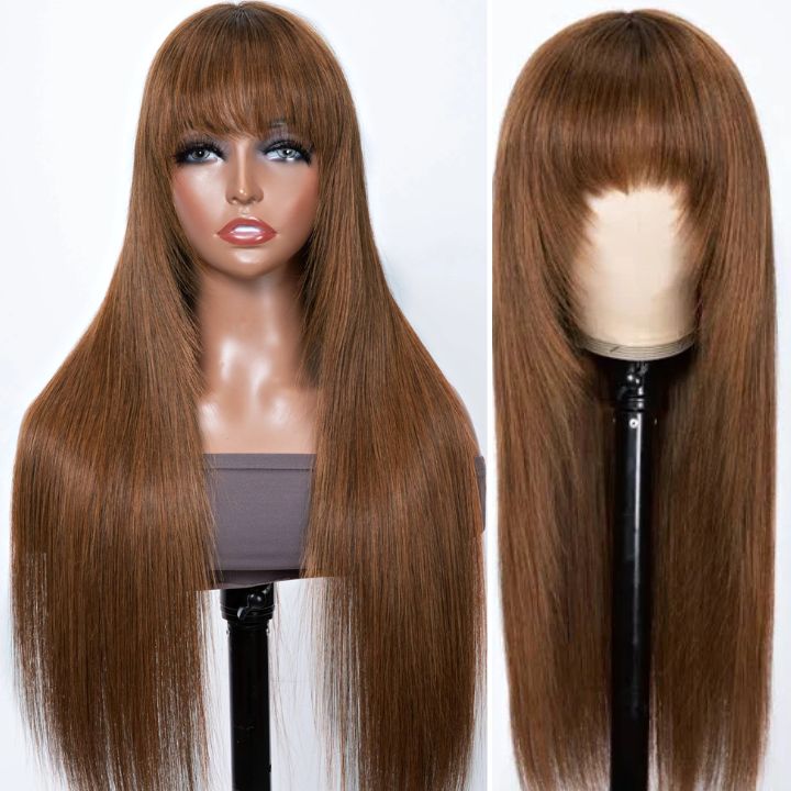 Lace Front Wigs Layered Haircut Glueless Silky Straight Human Hair Wigs With Bangs Throw On & Go Workout Wigs