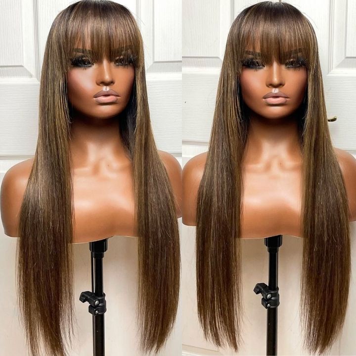 Glueless Transparent Lace Closure Straight Wigs with Cute Bangs Human Hair 5x5 Lace Part Highlight Colored Light brown Mix Warm Blonde Wig-Amanda Hair
