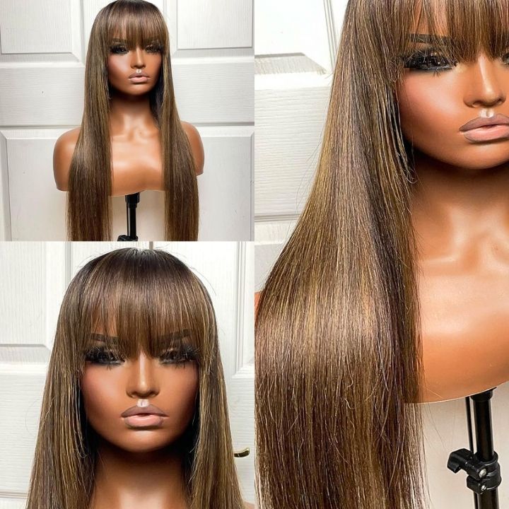 Glueless Transparent Lace Closure Straight Wigs with Cute Bangs Human Hair 5x5 Lace Part Highlight Colored Light brown Mix Warm Blonde Wig-Amanda Hair