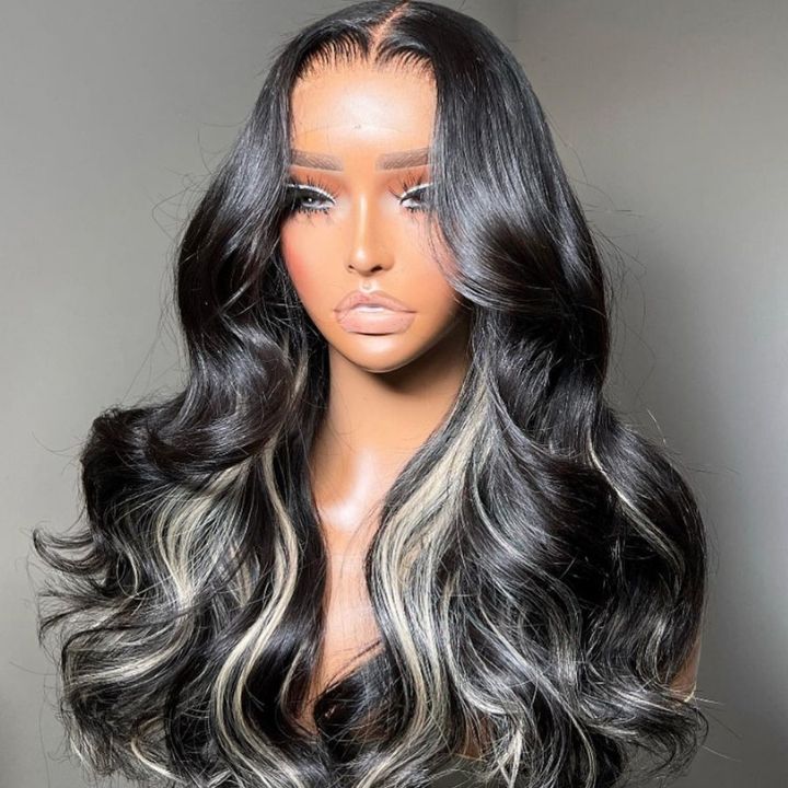 Money Piece Light Blonde Mix Black Body Wave 13x4 / 6x4.5 Fermeture Glueless Lace Colord Wig -Amanda Hair