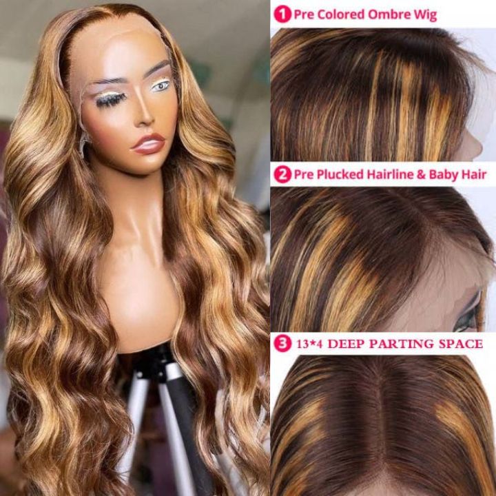 Série de promotion: Perruques frontales en dentelle Body Wave Highlight Piano Color 13 * 4 HD Lace Front Human Hair Wig-Amanda Hair