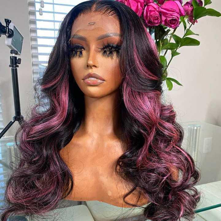 Highlights Transparent Lace Front Straight Wig Human Hair Wig Black Hair Mix Purple Color Lace Wigs
