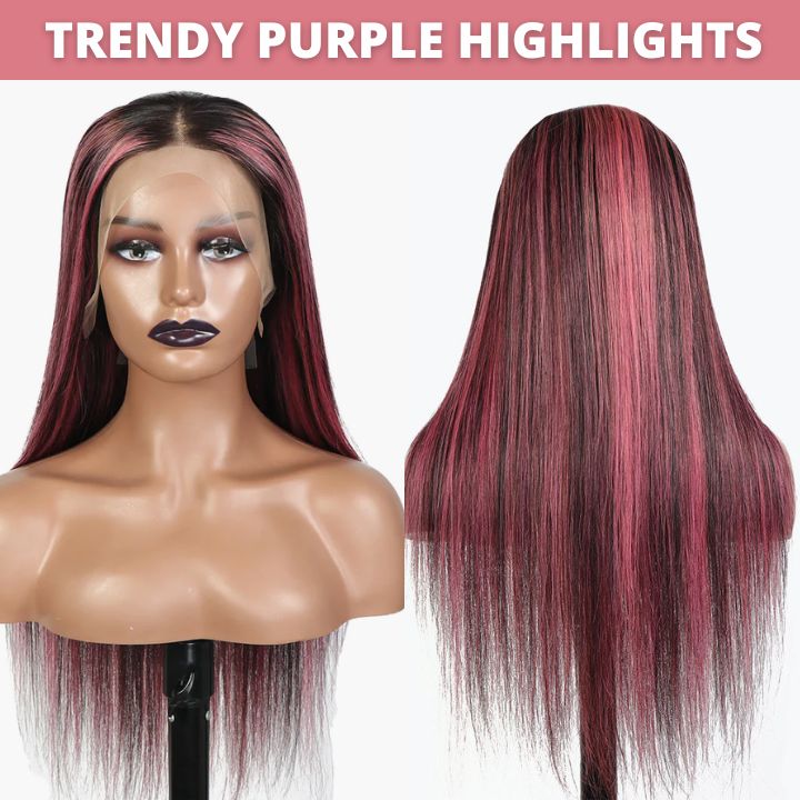 Transparent 13x4 Lace Front Straight Wig Human Hair  Black Hair Mix Purple Highlights