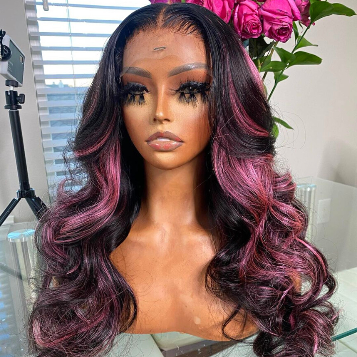 Highlights Transparent Lace Front Straight Wig Human Hair Wig Black Hair Mix Purple Color Lace Wigs