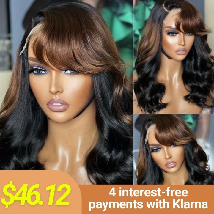 Oferta flash: Peluca de color de encaje con flequillo, mezcla de marrón, negro, cierre de onda suelta, parte C, cabello de Amanda