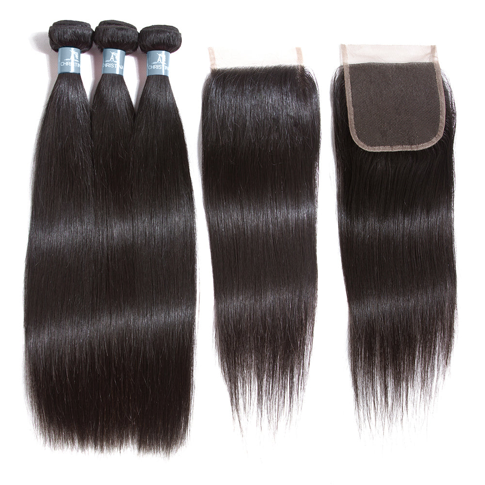 Amanda Hair Indian Straight Hair 3 Bundles With 4*4 Lace Closure 9A Grade 100% Unprocessed Human Hair No Tangles