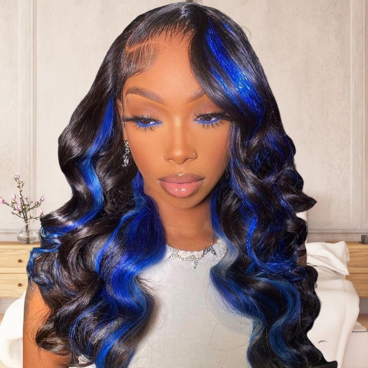 Vente Flash Extra 50% de réduction sur £ ¬ Code £ º HALF50, AmandaHair Highlight Gemstone Blue Glueless Transparent 13 * 4 Lace Front Wig Natural look Débutant Friendly Wear &amp; Go Body WaveLace Wig