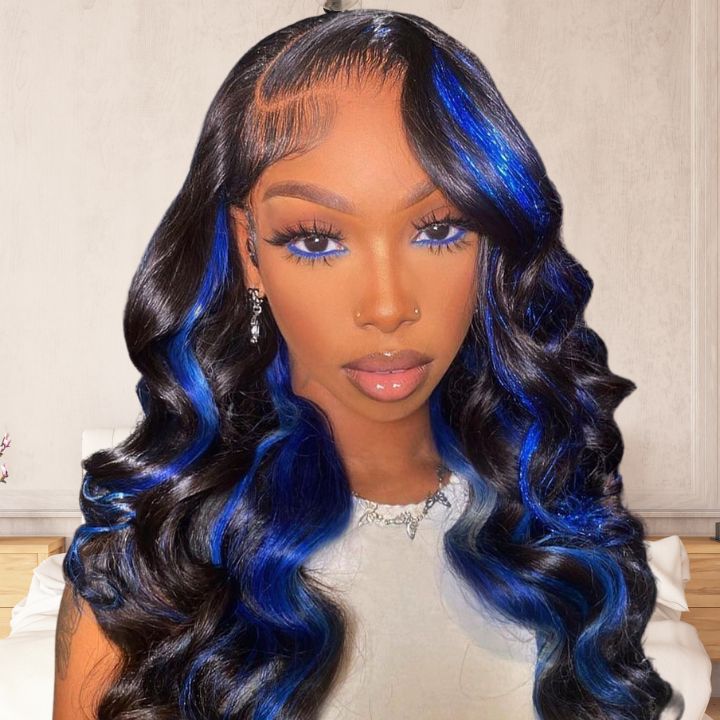 Vente Flash Extra 50% de réduction sur £ ¬ Code £ º HALF50, AmandaHair Highlight Gemstone Blue Glueless Transparent 13 * 4 Lace Front Wig Natural look Débutant Friendly Wear &amp; Go Body WaveLace Wig