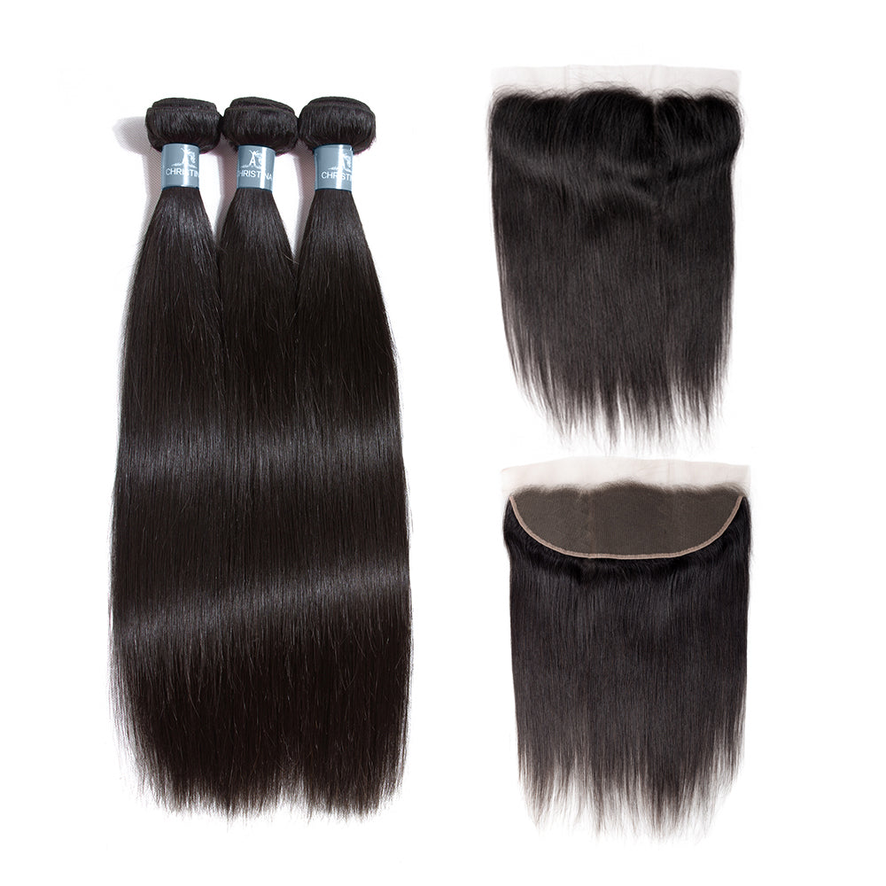 Amanda Hair Malaysian Straight Hair 3 paquetes con 13 * 4 Frontal de encaje 9A Grado 100% Cabello humano sin procesar Sin enredos 