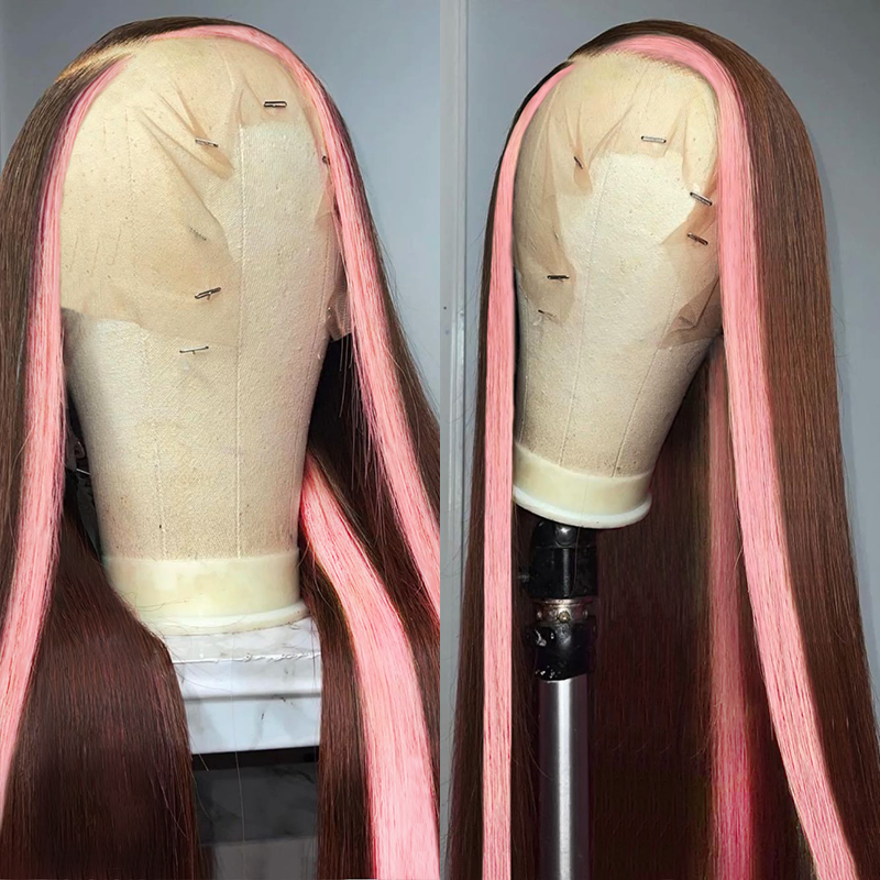 Faits saillants Strawberry Pink &amp; Chocolate Skunk Stripe Colored Lace Front Wig-Amanda Hair