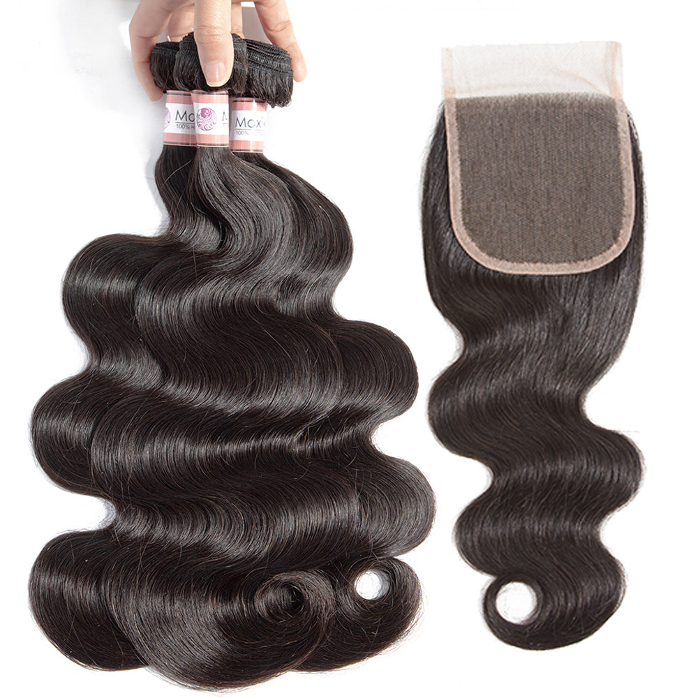 Amanda Hair Indian Body Wave 4 paquetes con 4 * 4 Cierre de encaje 10A Grado 100% cabello humano Remy