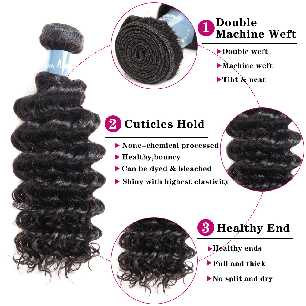 Amanda Malaysian Hair Deep Wave 3 paquetes con 4 * 4 Cierre de encaje 9A Grado 100% Cabello humano sin procesar