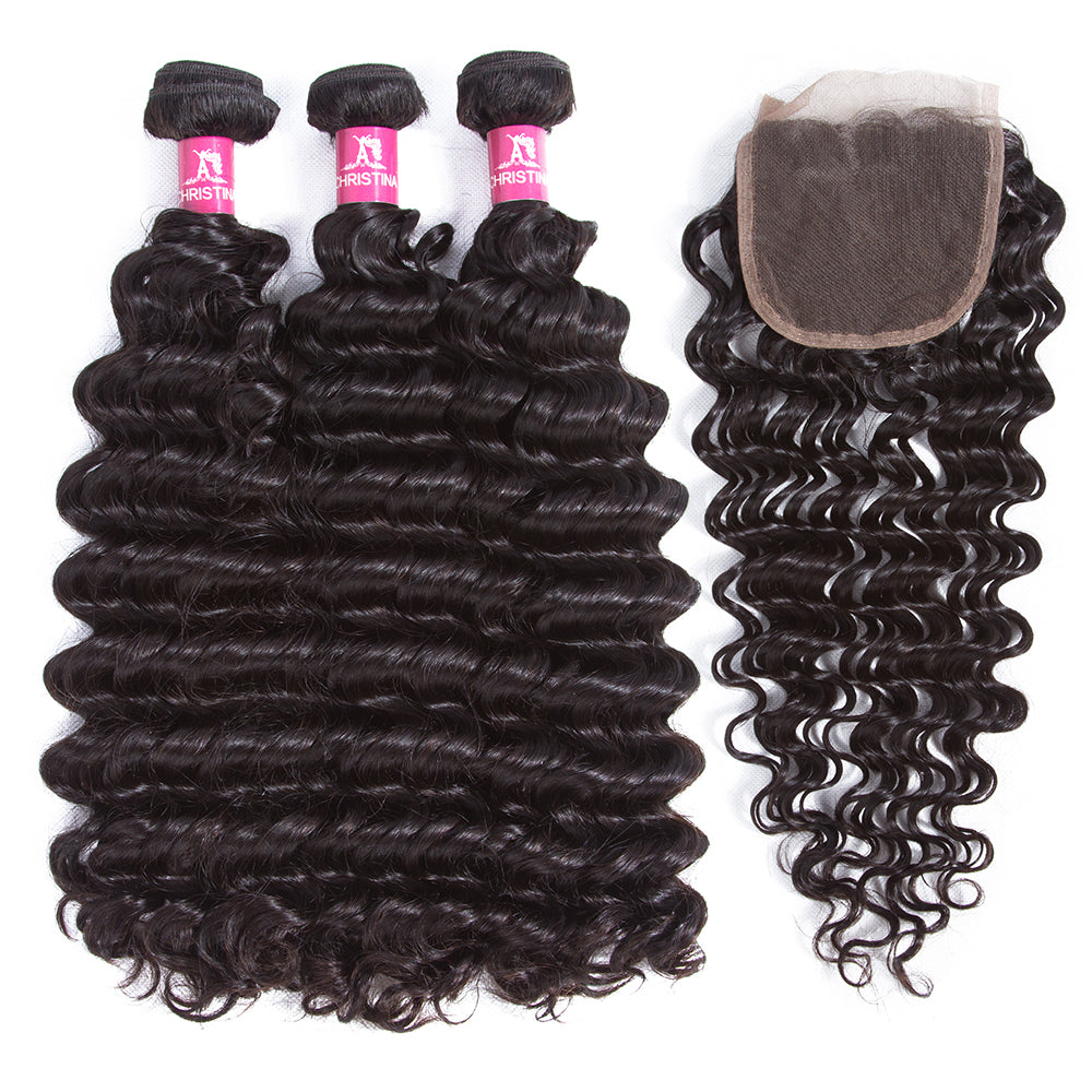 Amanda Malaysian Hair Deep Wave 3 paquetes con 4 * 4 Cierre de encaje 10A Grado 100% Remi Cabello humano Venta caliente Wave Bundles Extensiones de cabello